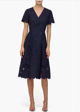 Kay Unger Luna Midnight Blue Embroidered Midi Dress Size 8